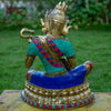 Goddess Saraswati Pure Bronze Statue with Coral, Turquoise and Lapis Stone Inlaid