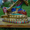 Goddess Saraswati Pure Bronze Statue with Coral, Turquoise and Lapis Stone Inlaid