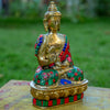 Amoghasiddhi Blessing Buddha Pure Bronze Statue with Coral, Turquoise and Lapis Stone Inlaid