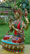 Chenrezig Buddha Pure Bronze Statue with Coral, Turquoise and Lapis Stone Inlaid