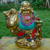 Lauging Buddha Pure Bronze Statue with Coral, Turquoise and Lapis Stone Inlaid