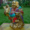 Lauging Buddha Pure Bronze Statue with Coral, Turquoise and Lapis Stone Inlaid