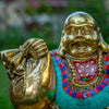 Lauging Buddha Pure Bronze Statue with Coral, Turquoise and Lapis Stone Inlaid