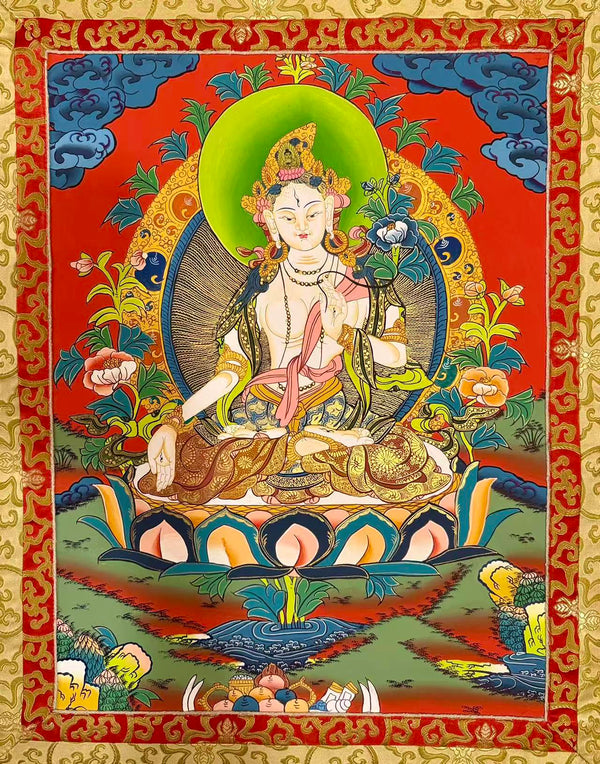 White Tara Thangka - Silk Framed