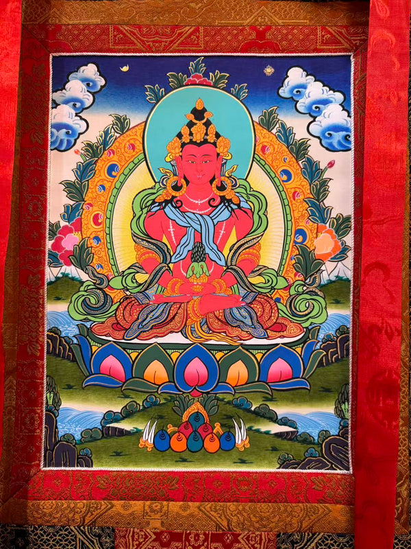 Amitayus Buddha Tibetan Thangka Painting - Silk Framed