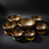 Set of bronze bowls on a dark background