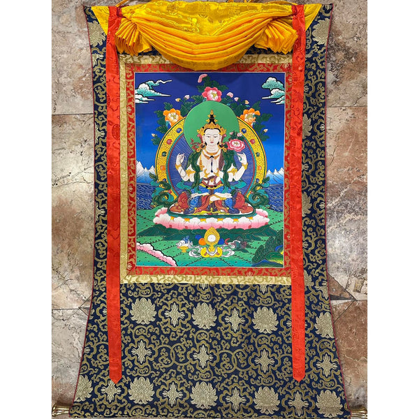 Chenrezig Thangka Painting - Silk Framed