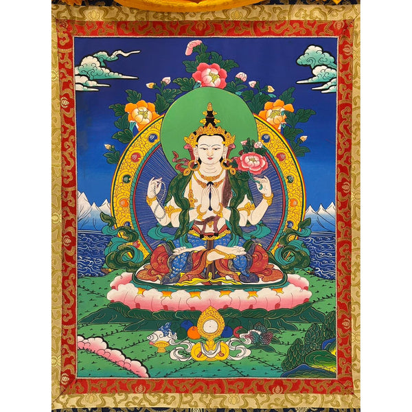 Chenrezig Thangka Painting - Silk Framed