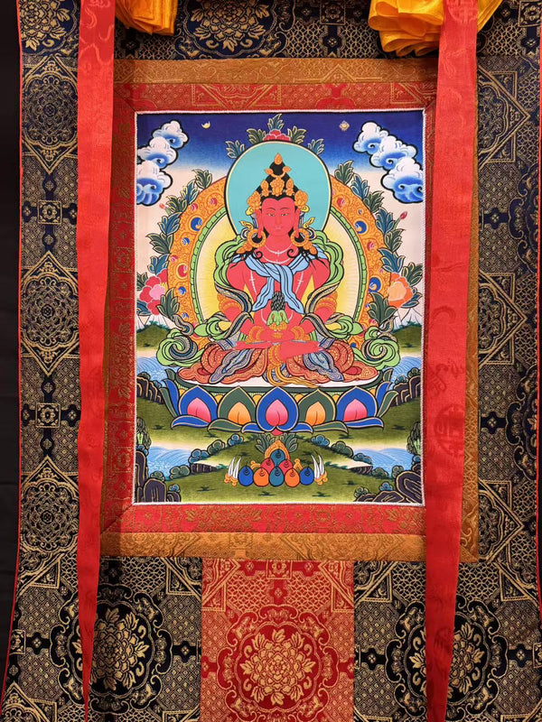 Amitayus Buddha Tibetan Thangka Painting - Silk Framed - Art Of Tibet