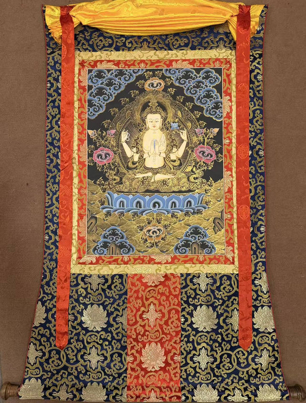 Chenrezig Thangka Painting - Silk Framed - Art Of Tibet