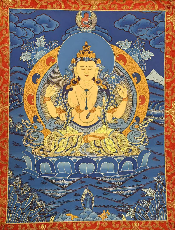 Chenrezig Thangka Painting - Silk Framed - Art Of Tibet