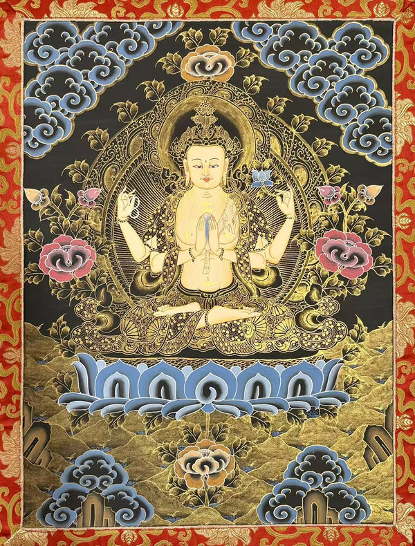 Chenrezig Thangka Painting - Silk Framed - Art Of Tibet