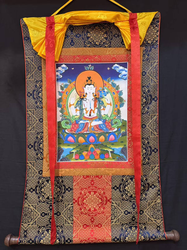 Chenrezig Thangka Painting - Silk Framed - Art Of Tibet