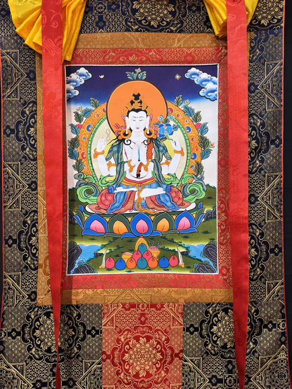 Chenrezig Thangka Painting - Silk Framed - Art Of Tibet