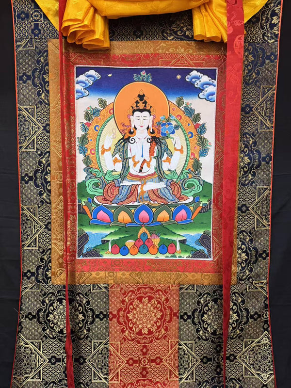 Chenrezig Thangka Painting - Silk Framed - Art Of Tibet