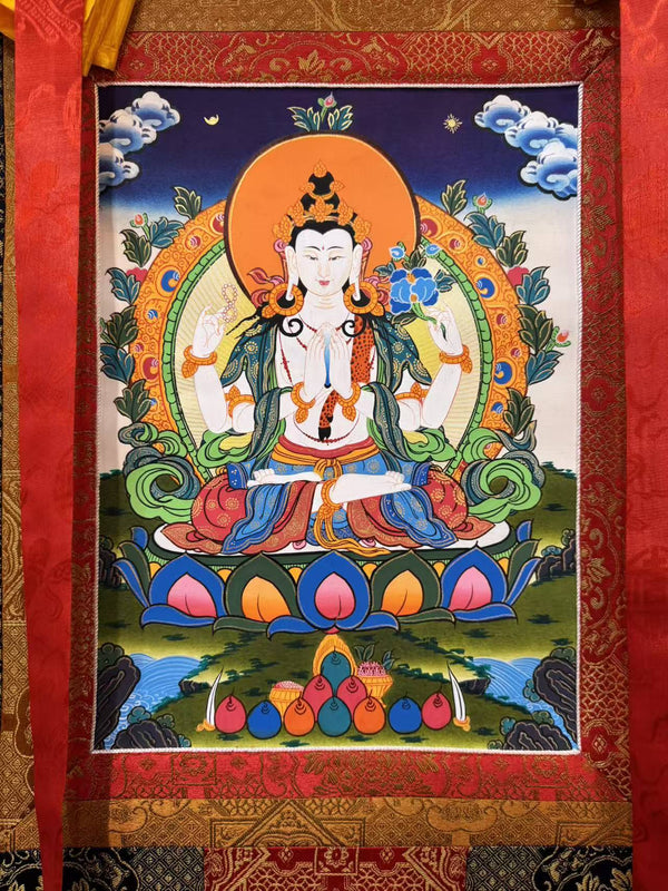Chenrezig Thangka Painting - Silk Framed - Art Of Tibet