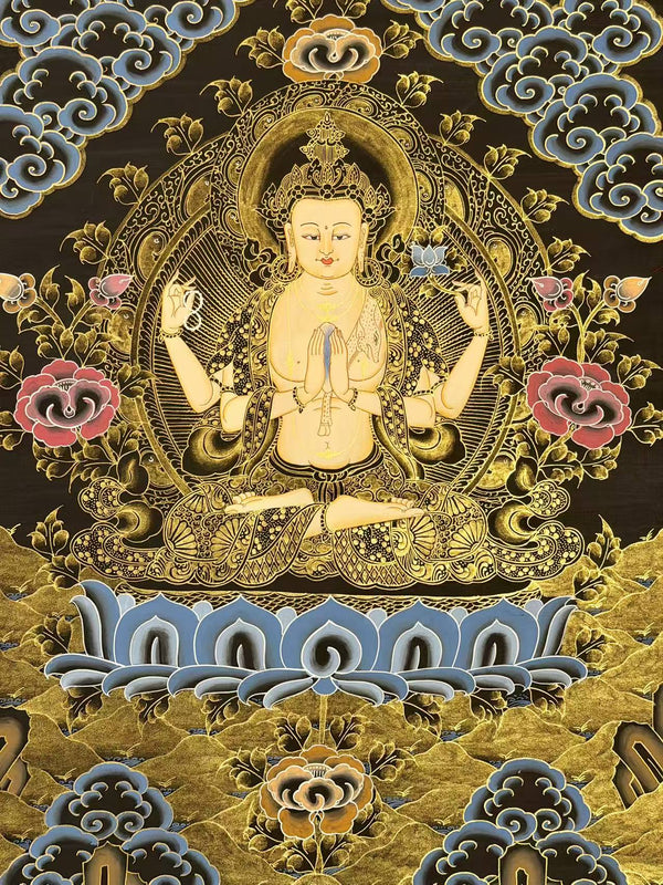 Chenrezig Thangka Painting - Silk Framed - Art Of Tibet