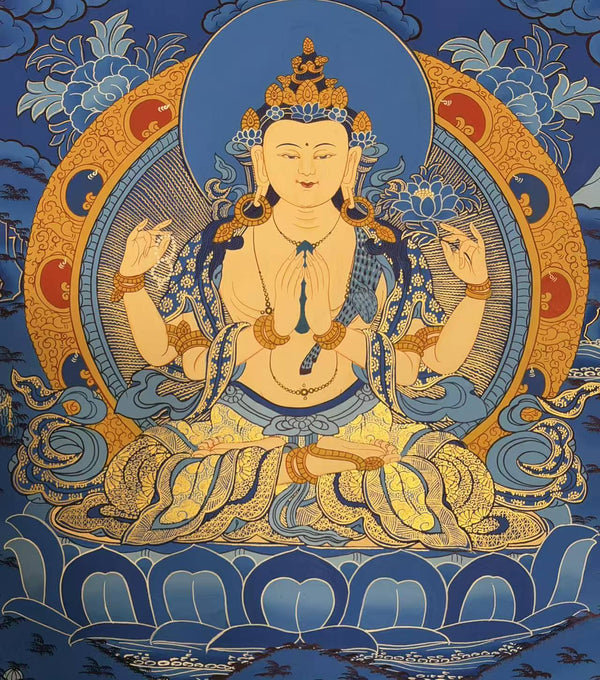 Chenrezig Thangka Painting - Silk Framed - Art Of Tibet