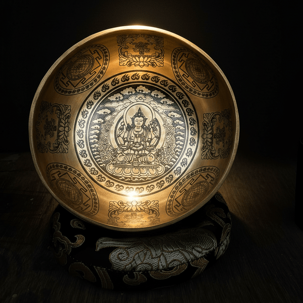 Chenrezig with Eight Auspicious Symbols Carved Singing Bowl - Art Of Tibet