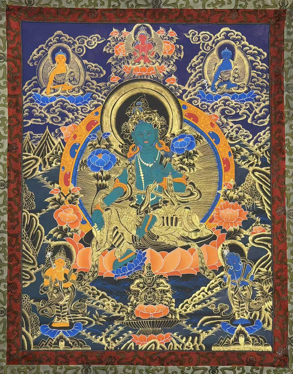 Green Tara Thangka - Silk Framed - Art Of Tibet