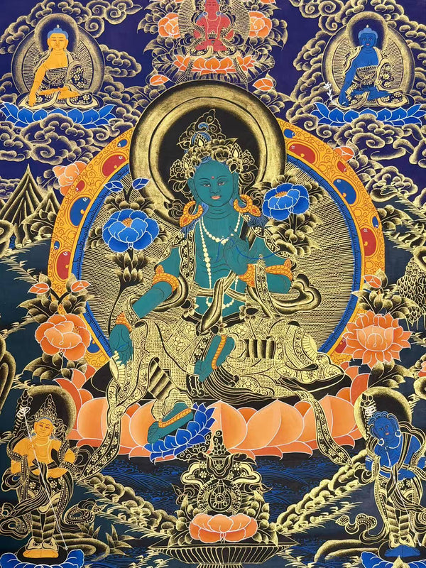 Green Tara Thangka - Silk Framed - Art Of Tibet