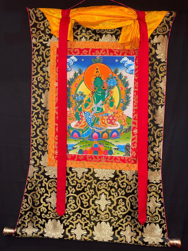 Green Tara Thangka - Silk Framed - Art Of Tibet