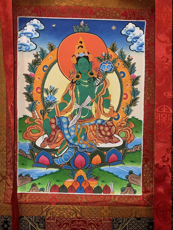 Green Tara Thangka - Silk Framed - Art Of Tibet