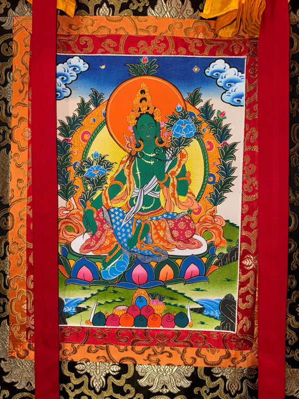 Green Tara Thangka - Silk Framed - Art Of Tibet