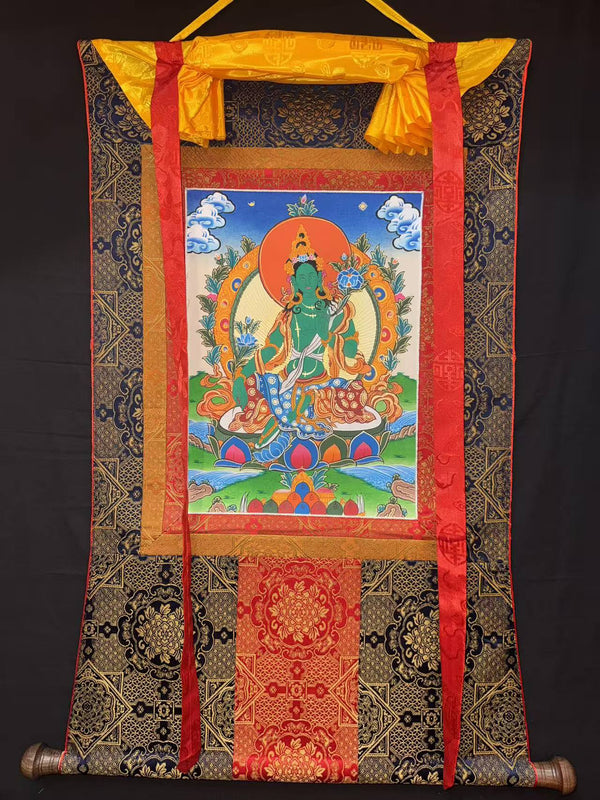 Green Tara Thangka - Silk Framed - Art Of Tibet
