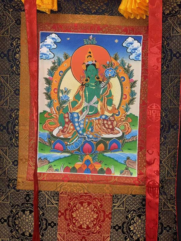 Green Tara Thangka - Silk Framed - Art Of Tibet