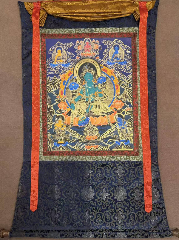 Green Tara Thangka - Silk Framed - Art Of Tibet