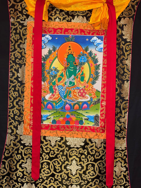 Green Tara Thangka - Silk Framed - Art Of Tibet