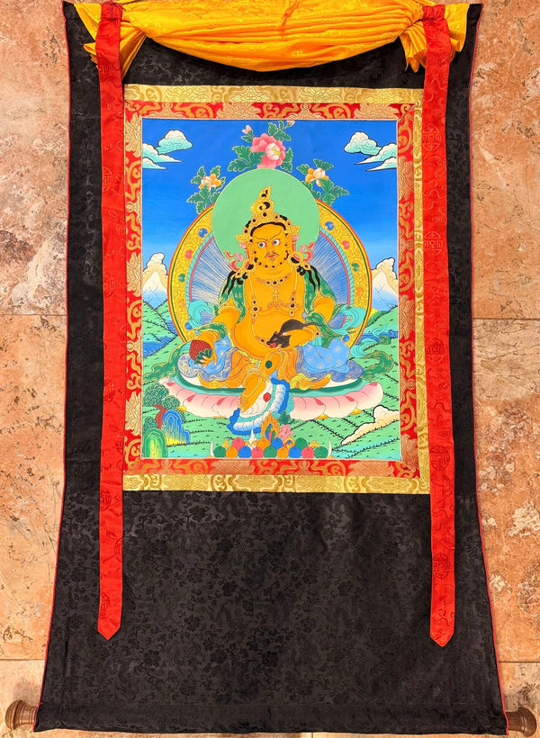 Jambhala (Kubera) Thangka Painting - Silk Framed - Art Of Tibet