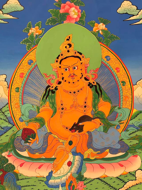Jambhala (Kubera) Thangka Painting - Silk Framed - Art Of Tibet