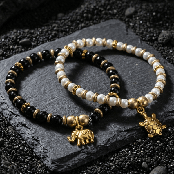 Land and Sea Onyx and Mother of Pearl Bracelet Set - Art Of Tibet