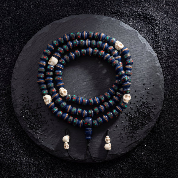 Lapis Inlaid Bone and Skull Impermanence Mala - Art Of Tibet