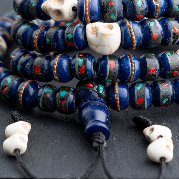 Lapis Inlaid Bone and Skull Impermanence Mala - Art Of Tibet