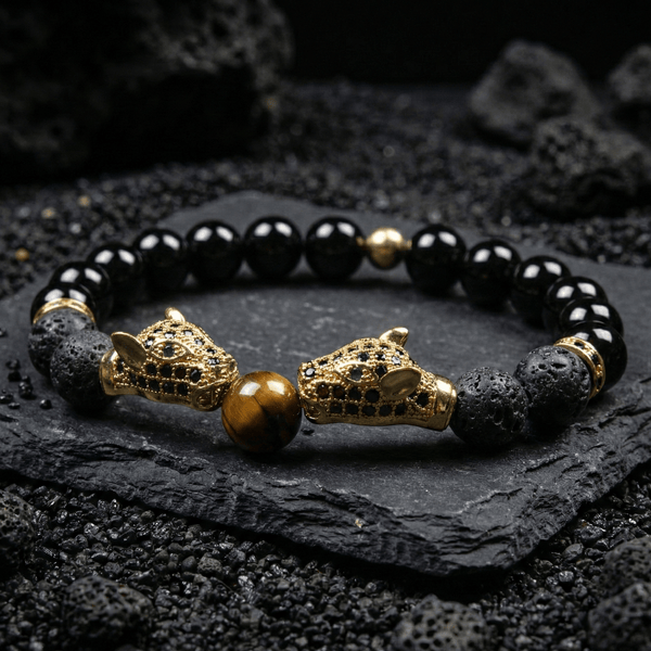 Lava and Onyx Panther Head Bracelet - Art Of Tibet
