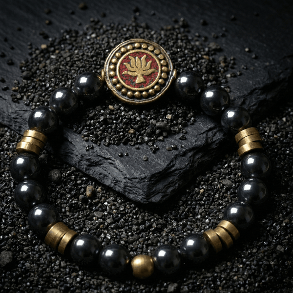 Love and Strength Hematite Stone Bracelet with Lotus Charm - Art Of Tibet