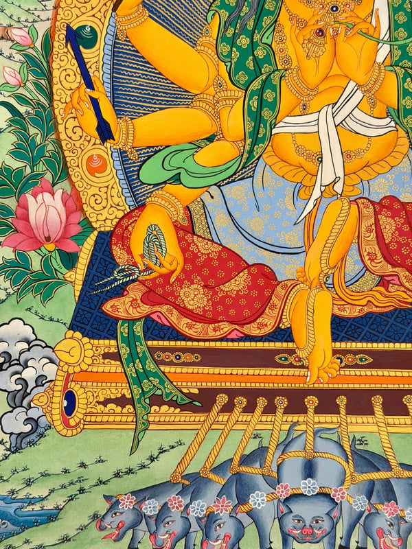 Marichi: Goddess of Dawn Pulled by a Chariot of Seven Pigs Thangka - Art Of Tibet
