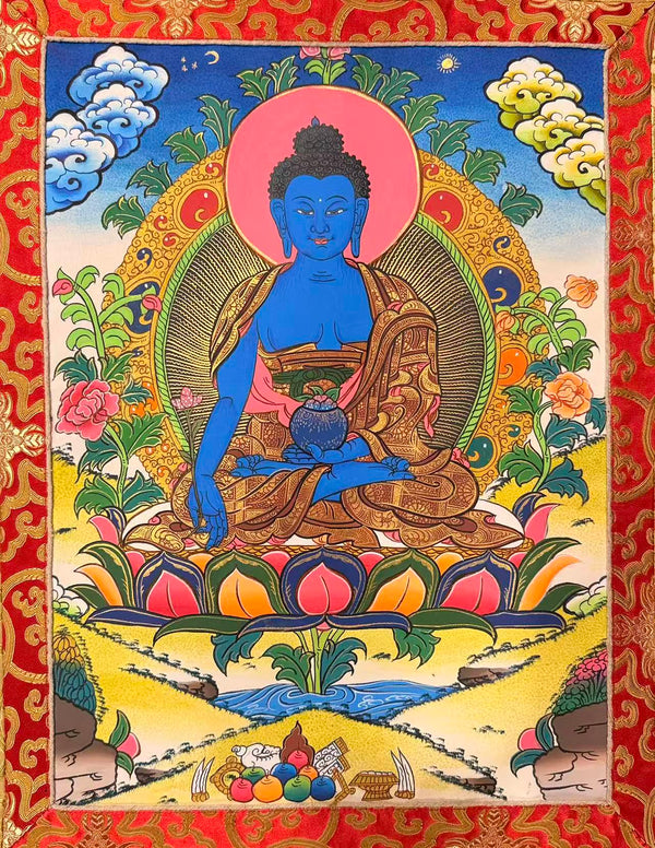 Medicine Buddha Thangka - Silk Framed - Art Of Tibet