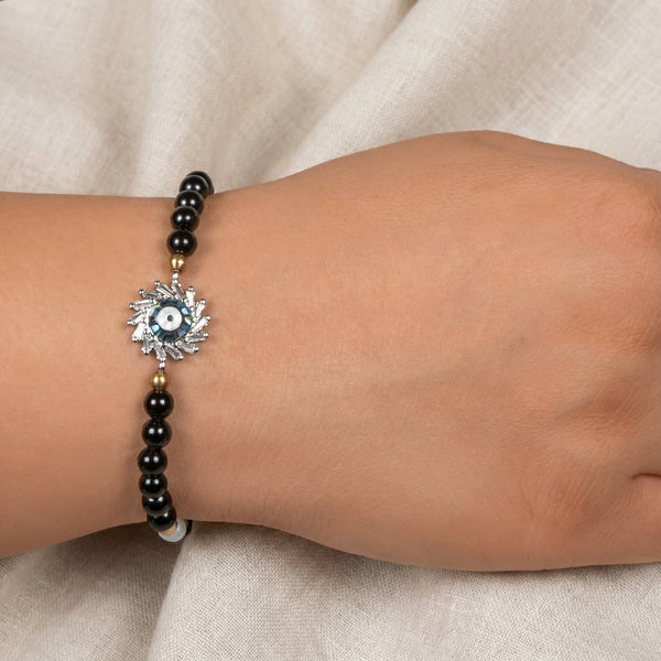 Onyx and Mother of Pearl Evil Eye Protection Charm Bracelet - Art Of Tibet