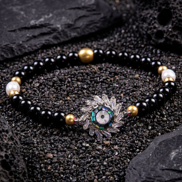 Onyx and Mother of Pearl Evil Eye Protection Charm Bracelet - Art Of Tibet