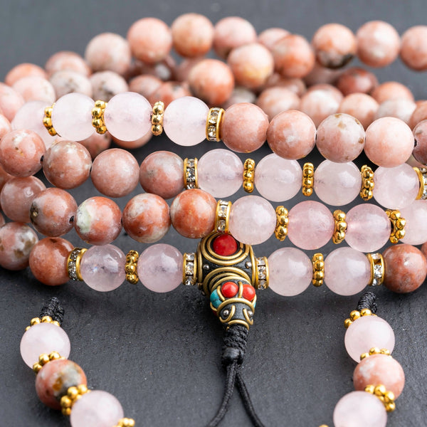 Rhodonite with Rose Quartz Compassion Mala - Art Of Tibet