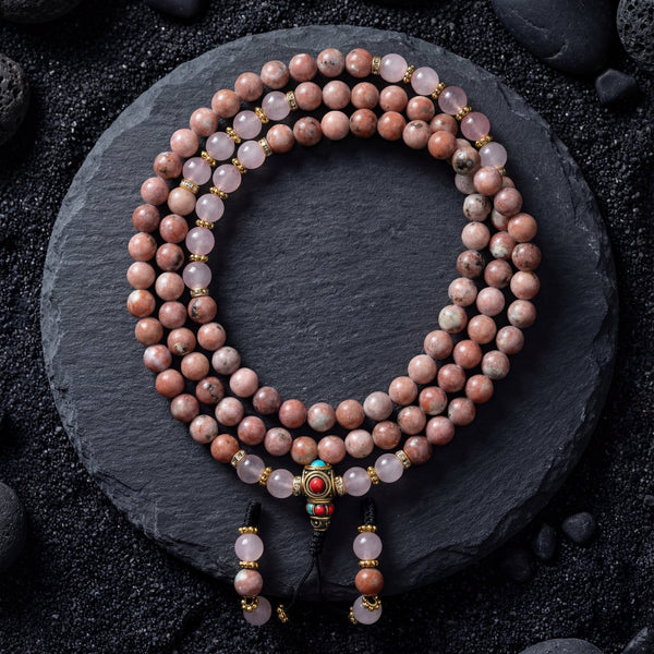 Rhodonite with Rose Quartz Compassion Mala - Art Of Tibet