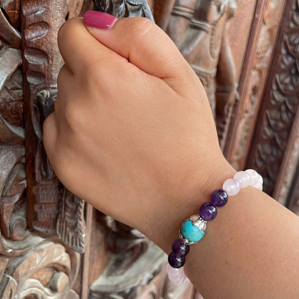 Rose Quartz with Tibetan Turquoise Spacer Bracelet - Art Of Tibet