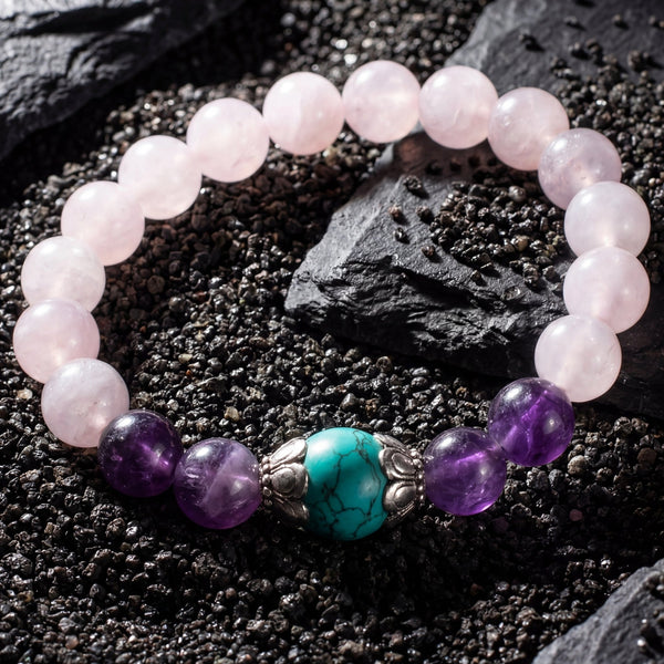 Rose Quartz with Tibetan Turquoise Spacer Bracelet - Art Of Tibet