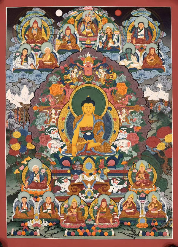 Shakyamuni Buddha and the 17 Great Scholars Thangka - Art Of Tibet