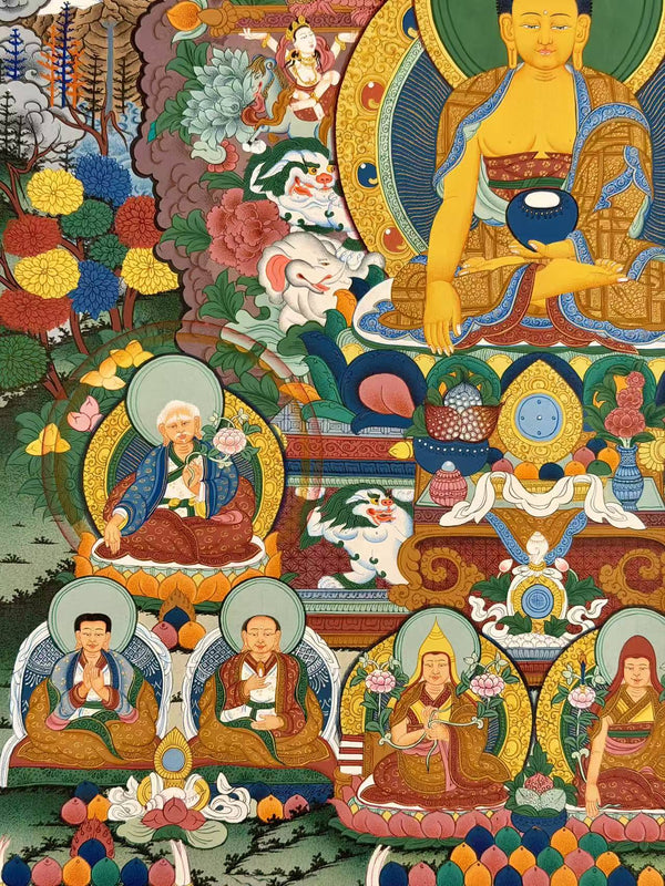 Shakyamuni Buddha and the 17 Great Scholars Thangka - Art Of Tibet