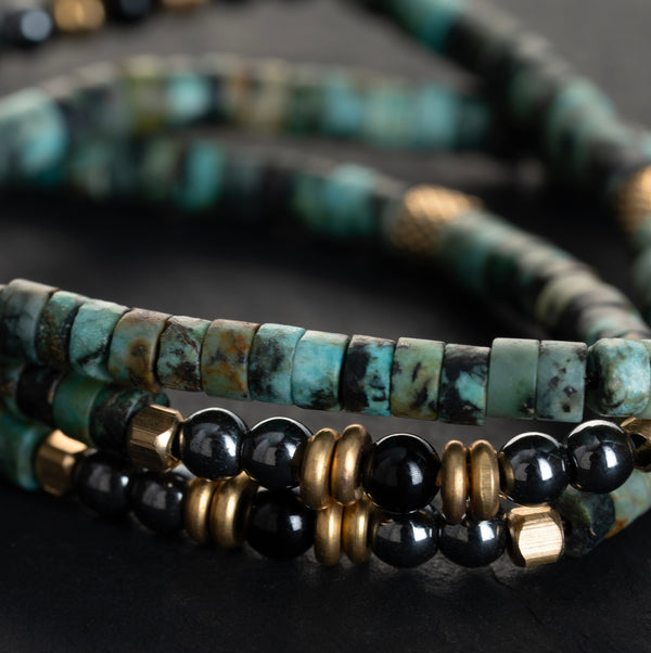 African Turquoise with Hematite & Onyx Short Mala